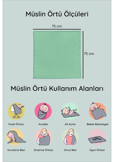 Luckka 3'lü Çok Amaçlı Müslin Örtü Seti - 75x75 Cm - Ztc200 Yeşil Yeşil