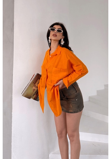 Paw Garage Kadın Harper Çift Cepli Oversize Keten Gömlek, 2025 Summer Collection Turuncu