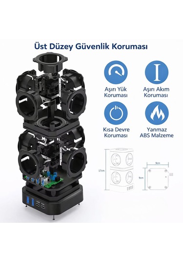 Kule Tipi Çoklu Priz 3680w 9 Lu Topraklı Priz + 2 Usb + 2 Type-c Masaüstü Dikey Akım Korumalı Priz 2 m