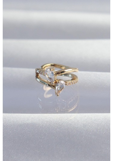 Pirinç Gold Renk Zirkon Taşlı Damla Earcuff Küpe
