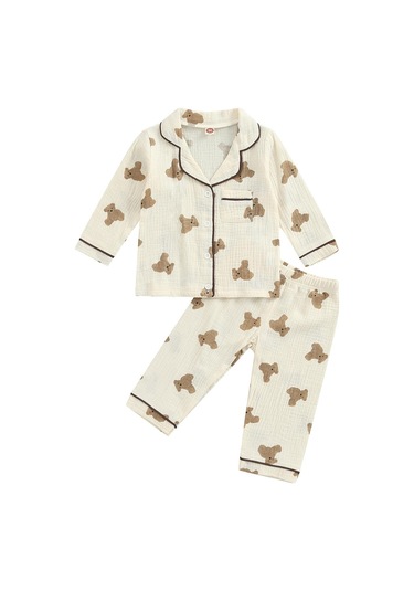Çocuklar Unisex Günlük Pijama Takımı, Ayı Baskılı Uzun Kollu Ön Cep Yaka Üstleri + Baskılı Uzun Pantolon