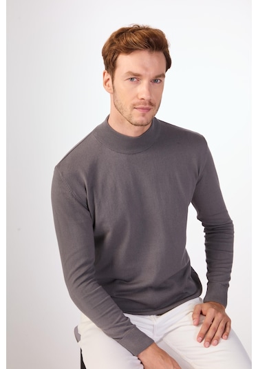 Dufy %100 Pamuk Düz Erkek Triko - Slim Fit Antrasit