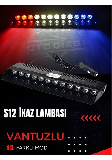 S12 Vantuzlu İkaz Lambası 12 Modlu Kırmızı Beyaz Mavi Led Acil Uyarı Işığı