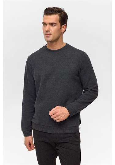 Antrasit Regular Düz Bisiklet Yaka Sweatshirt Antrasit