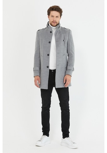 Erkek Açık Gri Dar Kesim Dik Yaka Uzun Kaşe Kaban-Açık Gri