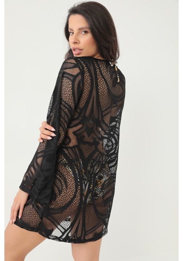 Kolları Volanlı Şal Desen Elbise Siyah