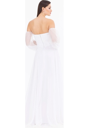 Kadın Kalp Yaka Çıkarılabilir Kollu Yırtmaçlı Abiye Elbise - Ekru Ekru