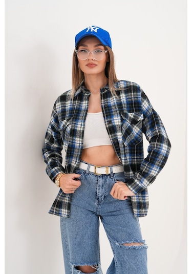 Kadın Desen Bloklu Oduncu Oversize Bol Ve Geniş Kalıp Casual Cepli Yakalı Ceket Gömlek Lacivert