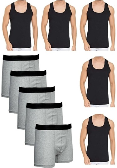 Tezzgelsin Erkek Pamuklu Penye 5 Atlet Ve 5 Boxer Siyah Gri Gri - Siyah