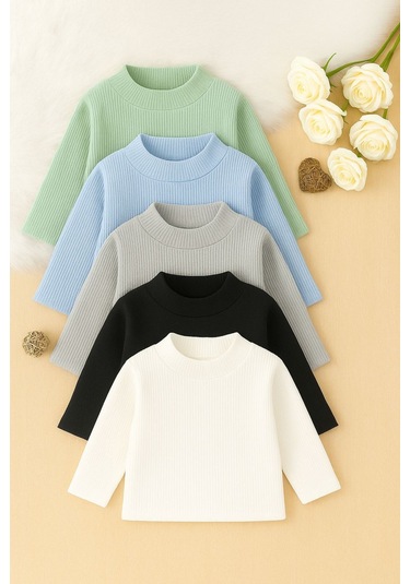 Kız Erkek Çocuk İçlik Yarım Balıkçı İnce Kazak Kaşkorse 5'li Set Çok Renkli Mint Mavi