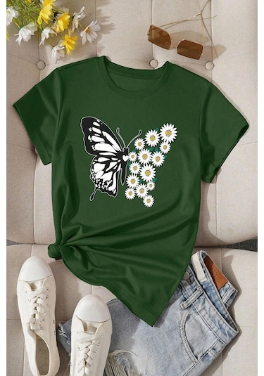 Kadın Pamuklu Ön Baskılı Papatya Kelebek Tasarım Tshirt Yeşil