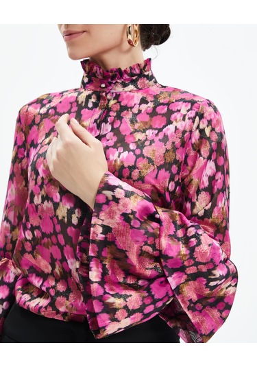 Volan Kollu Metalik Desenli Transparan Gömlek Işıltılı Ve Sofistike Stil Fuşya