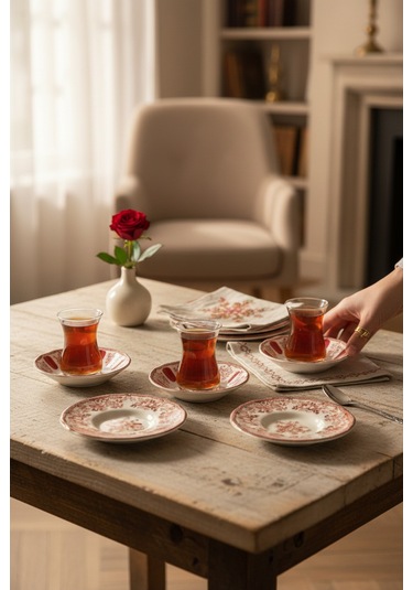 Akayev Porselen Vintage Maroon 6 Parça Çay Tabağı Kırmızı