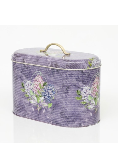 Flower Purple Desenli Oval Metal Ekmek Kutusu, 10.4 Lt Lila