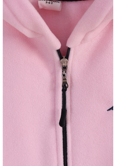 Monox Lastik Manşetli Fermuarlı Kapüşonlu Çocuk Unisex Polar Ceket Pembe