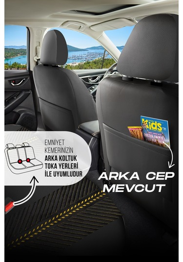 Siyah - Sarı Garni Panda Monte Carlo Serisi Velor Kadife Kumaş Oto Koltuk Kılıfı - Tam Set