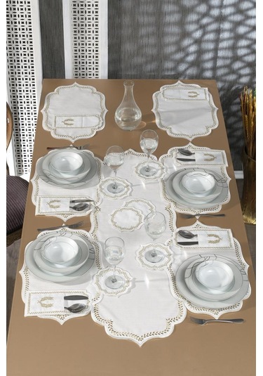 Nişan Keten Nakışlı Amerikan Servis Takımı 19 Parça Gold Gold