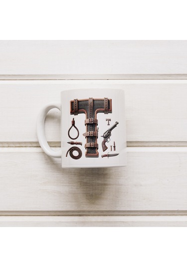 T Harfi Kovboy Temalı Bardak 330 Ml İsim / Harf Kişiye Özel Hediye - Vahşi Batı Konsept Beyaz