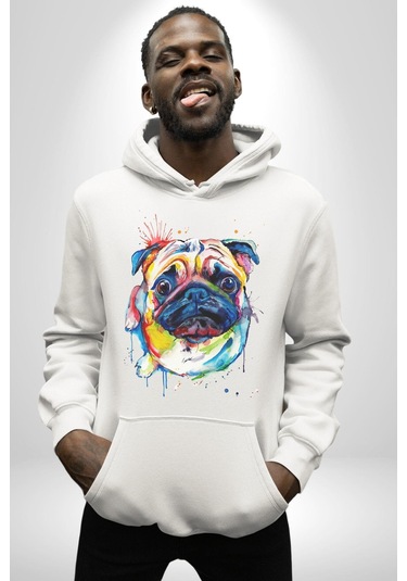 Sulu Boya Pug Köpek Kadın Erkek Beyaz Kapüşonlu Sweatshirt Hoodie Beyaz