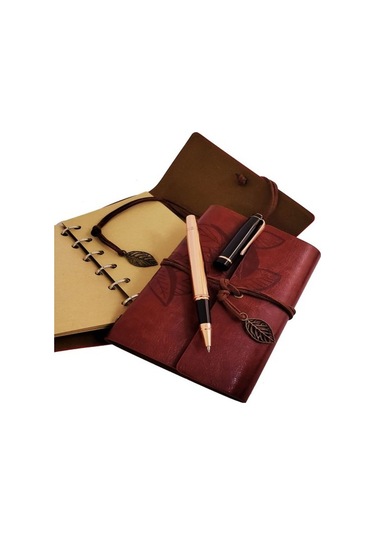 Özel Ahşap Kutulu Kahve Deri Defter Ve Bakır Roller Kalem Set Tdrtr Sezonsuz