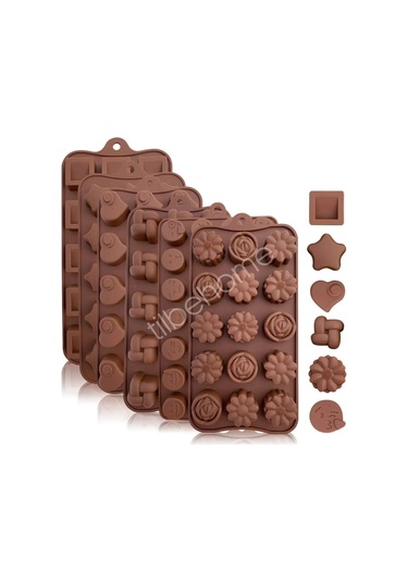 Tilbe Home 6'lı Silikon Dubai Çikolata Kalıbı Çok Figürlü Mini Jelibon Şekilli Buzluk Dondurma Kalıp Kahverengi