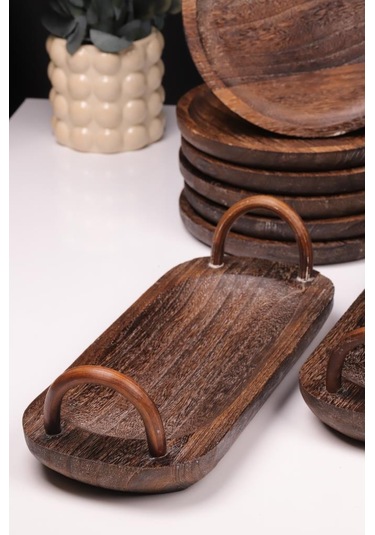 Bambum 8 Parça Pavlonya Obsidian Ahşap Sunum Seti Yuvarlak Ve Dikdörtgen Ayaklı Servis Tabaklar Ahşap