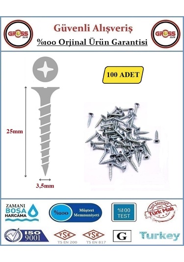 Sunta Vidası - Sivri Uçlu Ahşap Sunta Vidası - 3.5x25mm - 100 Adet 3,5x25