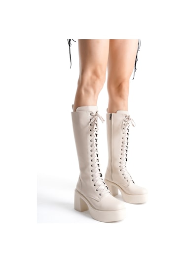 Ventes Kalın Taban Topuklu Fermuarlı Diz Altı Sade Bağcıklı Kadın Çizme TEN CİLT