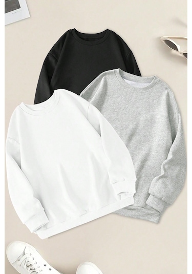 Modagen Unisex 3'lü Siyah Beyaz Gri Bisiklet Yaka Oversize Sweatshirt Siyah Beyaz Gri