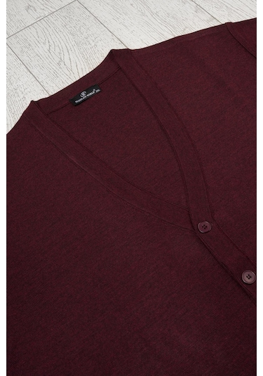 Ön Cepli V Yaka Battal Büyük Boy Düğmeli Yünlü Triko Hırka Bordo