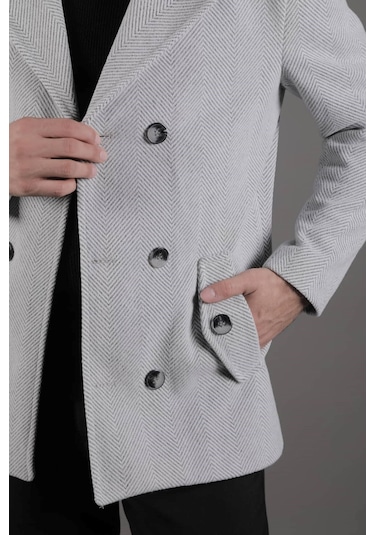 Ohepmoda Desenli Kruvaze Erkek Kaşe Kaban Açık Gri
