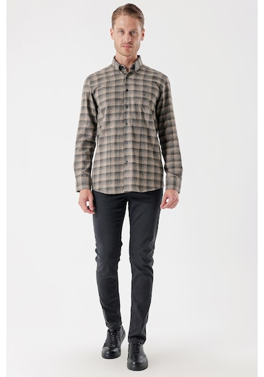 Koyu Vizon Uzun Kollu Ekoseli Gabardin Sert Yaka Cepli Casual Comfort Fit Gömlek 1004235113-koyu Vizon Koyu Vizon