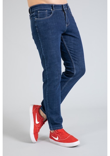 Yeni Sezon Erkek Denim Standart Fit Likralı Fermuarlı Jean Kot Pantolon 1122-Mavi