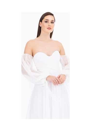 Kadın Kalp Yaka Çıkarılabilir Kollu Yırtmaçlı Abiye Elbise - Ekru Ekru