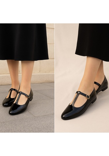 Siyah Süet T-strap Mary Jane Tasarım Babet Siyah Rugan