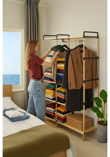 Ne-03 Modüler Raflı %100 Masif Ahşap Elbise Askısı Açık Gardırop Ahşap