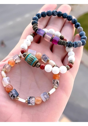 3.lü Doğal Taş Damarlı Akik,firuza Ve Jasper Taşı Doğaltaş Bileklik Mdl189188187 Çok Renkli