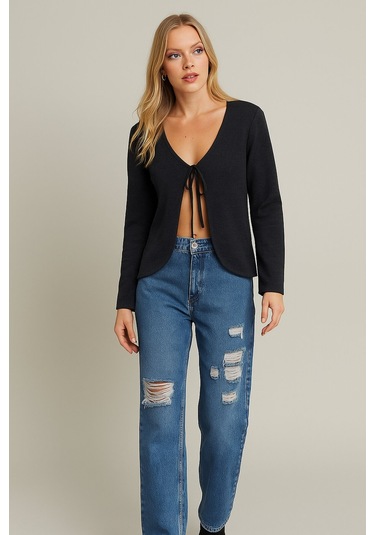 Kadın Antrasit Gri Tam Kalıp Ceket Önden Bağlamalı İspanyol Kol Ceket Antrasit