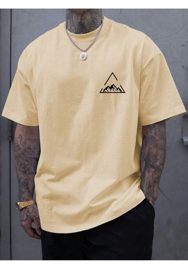 Üçgen Dağ T-shirt - Sarı Baskılı Oversize Bisiklet Yaka Kısa Kol Tişört Sarı