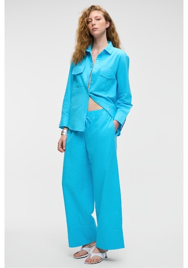 RIGO Kadın Gömlek Yaka Uzun Kol Regular Uzun İnce Mavi Gömlek