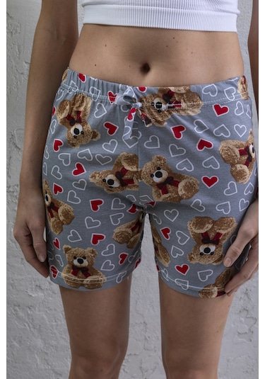 Giysa Kadın Beli Lastikli Desenli Şort Pijama Altı Gri - 2027 Gri