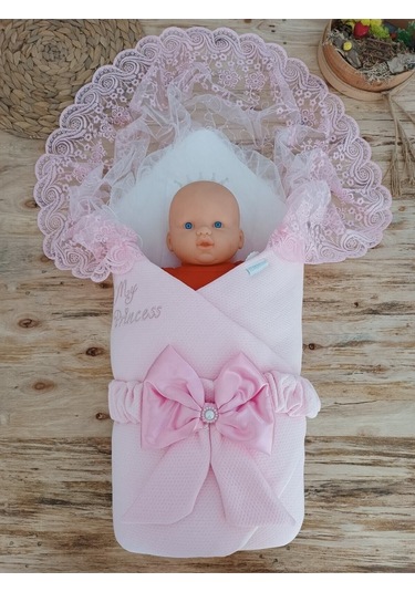 Dantelli Kız Bebek Battaniyesi Mevlütlük Hastane Çıkışı Yenidoğan %100 Pamuklu Organik Uyku Kundağı Pembe