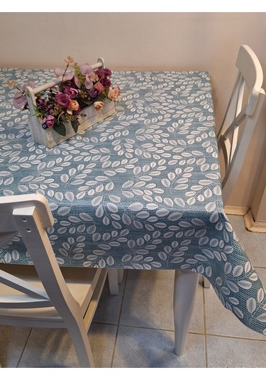 Elyaflı Pvc Muşamba - Desenli Silinebilir Masa Örtüsü Krem Fnt1248 Mavi