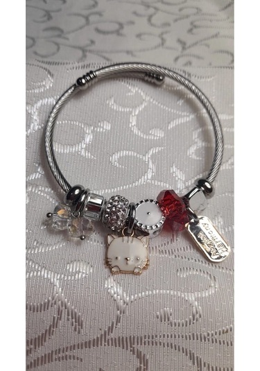 Uzel Çelik Gümüş Silver Model Taşlı, Kedicik Charmlı Çelik Bileklik