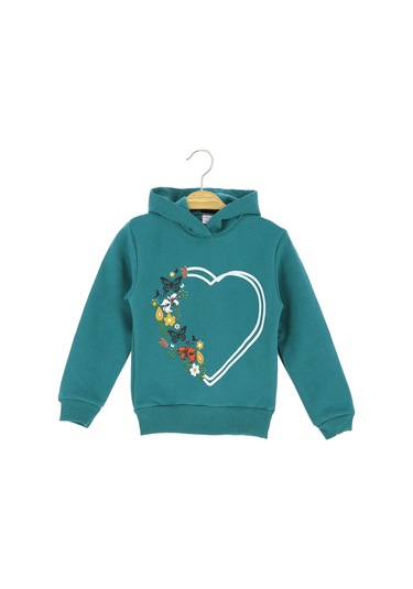 Kelebek Kalp Baskılı Kapüşonlu Üç İplik Sweatshırt Petrol Yeşili