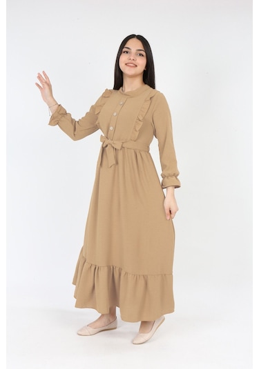 Kiz Cocuk Elbise Aerobin Keten Kumaş Tesettüre Uygun Uzun Boydan Cocuk Elbise Açık Bej
