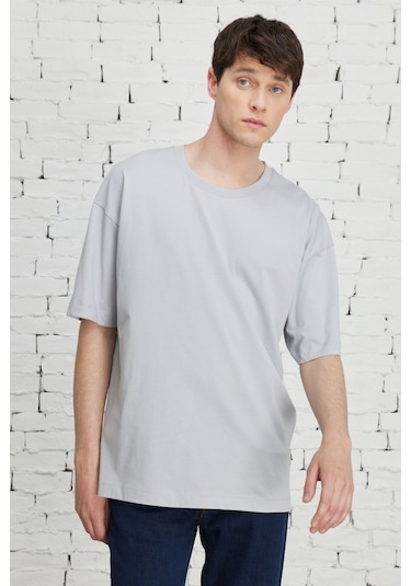 Ac&Co / Altınyıldız Classics Erkek Grı Oversize Bisiklet Yaka Tişört Gri