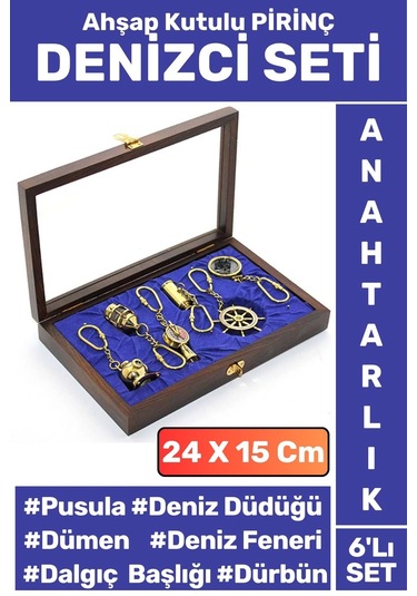 Premium Dekoratif Hediyelik Denizci Temalı Yüksek Kaliteli Ahşap Kutulu Pirinç 6'lı Anahtarlık Seti