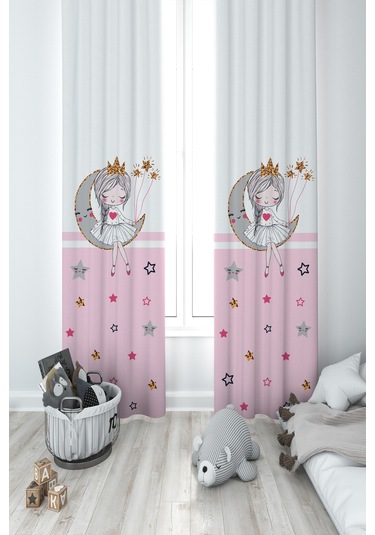 Mekta Home Bebek Ve Çocuk Odası Ayda Oturan Prenses Kız Desenli Pembe 2 Kanat Fon Perde