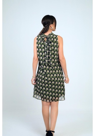 Kadın Degaje Yaka Astarlı Desenli Kısa Şifon Elbise-41737 Haki